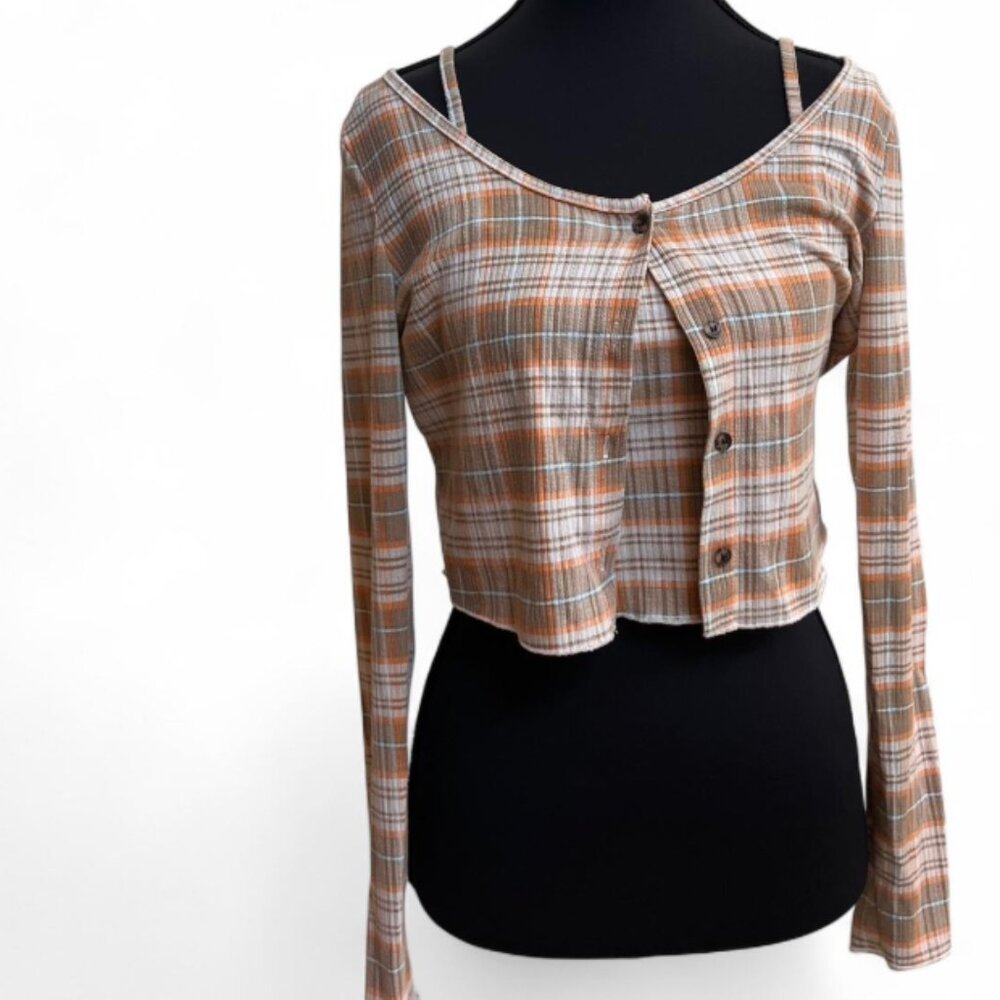 BP Orange, Brown, & Blue Plaid Cropped Cardigan + Tank Set Size S